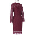 Kate Kasin Mujeres Elegante Delgado Ajustar Manga Larga Hips-Wrapped Vino rojo Lace Bodycon Pencil Dress KK001006-1